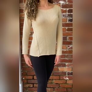Bianca B Wool Blend Tan Knit Sweater Crochet Hi-Low Hem